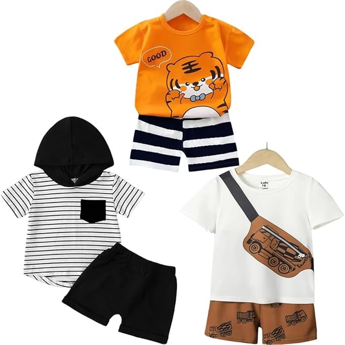 Lofn Unisex-Child Cotton Clothing Sets for Baby Boys & Baby Girls Printed Kids Clothing Sets - Unisex Clothing sets Half sleeve T-Shirt & Shorts Pack Of 3