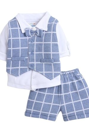 BUMZEE Boy's Cotton Checkered Full Sleeves Shirt Waistcoat & Short Set With Applique Bow
