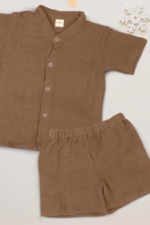 BAYBEE New Born Muslin Cotton Dress for Kids | Summer Clothing Set With Chinese Collar & Press Button | Shirt & Shorts Set for Baby Boy & Girl (Light Brown, 0-3 Months (XS))