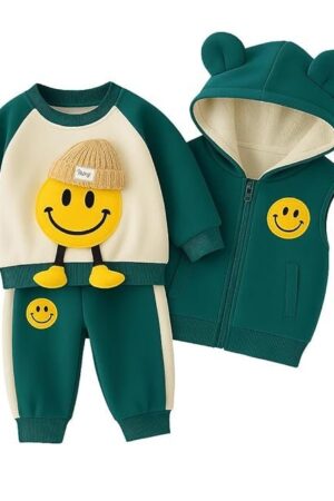 Bold N Elegant Kids Polyester Printed 3d Happy Smile Face Cartoon Winter Warm Hoodied Jacket Sweatshirt and Pajamas 3 Pc Layering Party Clothing Set