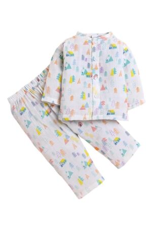 POLKA TOTS Baby Jhabla & Pant Set | 100% Cotton Muslin | Full Sleeve Printed Top + Soft Bottom | Unisex Outfit for New Born, & Toddlers