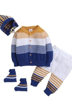 Little Angels Baby Sweater Set - 4 Pcs Woollen Full Sleeves V-Neck Color-Block Sweater, Pants, Cap & Socks for 0 to 12 Months