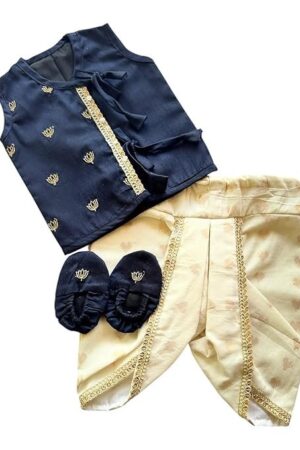 Picksparrow Baby Boy Cotton Silk Jhabla with Cotton Lurex Dhoti pant and Booties