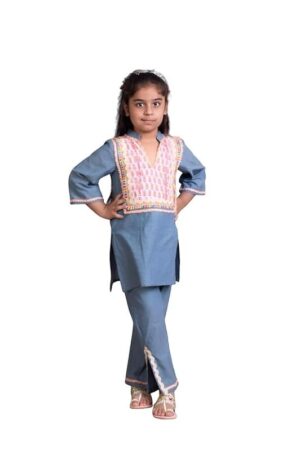 Denim Round Neck 3/4 Sleeves Solid Regular Denim Kurti with Pant For Baby Girls
