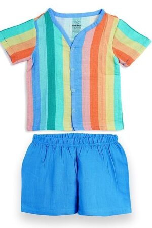 The Boo Boo Club Muslin Shirt and Short Set GOTS Certified Organic Cotton | Short Sleeve Snap Button Vest | Summer Wear Set | Printed Shirt with short