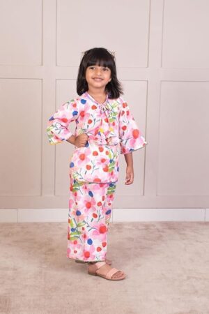 Cotton Round Neck Full Sleeves Regular Floral Printed Kurti with Pants For Baby Girls
