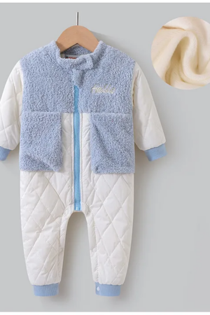 Kookie Kids Full Sleeves Front Open Winter Wear Fur Romper with Text Embroidery - Light Blue
