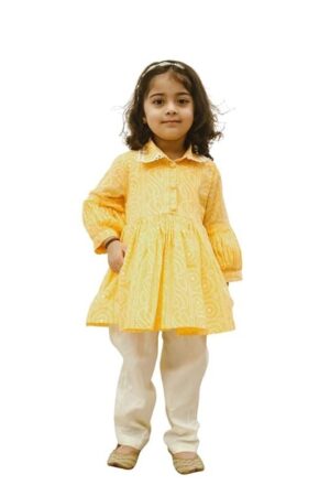 Cotton Round Neck Full Sleeves Printed Regular Bhandhej Peplum Kurti Set For Baby Girls