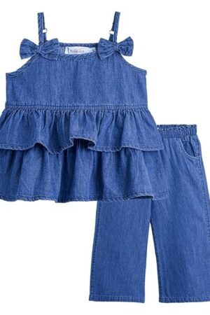 Hopscotch Baby Girls Solid Print Sleeveless Blue Jeans set