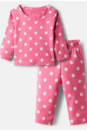 Babyhug Cotton Knit Full Sleeves Co-ords Night Suit with Polka Dot Print - Pink