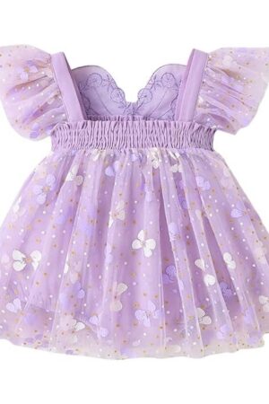 Hopscotch Girls Ruffled Sleeves Lavender Butterfly Whisper Onesie Dress