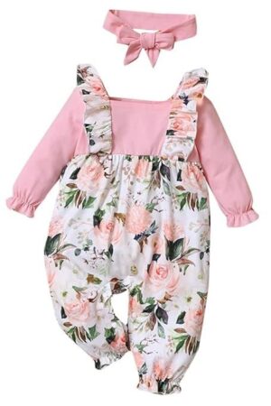 Hopscotch Girls Cotton, Polyester Floral Print Full-Sleeve Footie in Pink Color