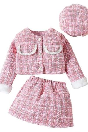 TASLAR Kids Toddler Jacket Baby Girls Suit Furry Patchwork Coat + Skirt + Beret 3Pcs Long Sleeve Shirt Tops Skirts Hat Sets Kids Casual Fashionable Party Dress