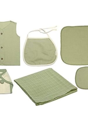 Natural Dyed Organic Cotton 6 Pcs Baby Gift Set - Green Front Button | Size - 0-6 Months | 100% Certified Cotton - A Perfect Newborn Baby Clothes/Baby Dress | Skin Friendly