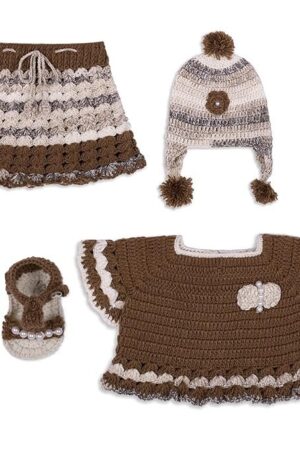 Handmade Crochet Knitted Brown Crop Frock Sweater Set with Skirt Cap Shoes for Baby Girls Wedding New Born Showers Photography 0-24 Months.