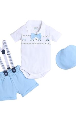 BUMZEE Boy's Cotton Printed Half Sleeves Bodysuit & Short Set With Bow Suspender & Cap (Peb9029)