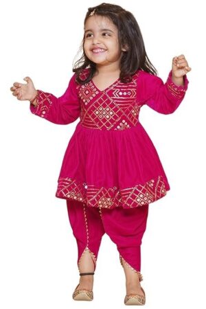 Pink full sleeves velvet V-Neck kurta and dupatta with solid dhoti | T-NGoldDH