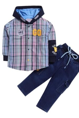 Hopscotch Baby Boys Plaid Print Full Sleeves Multicolor Jeans set