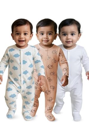 Nuego Pure Cotton Bodysuit for New Born Baby Boys, Full Sleeve Ultra-Soft Onesies for Newborn Baby Dress Cotton Cute Printed Multicolor Footed Rompers Sleepsuits New Born (0-24 Months)