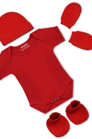 ARVESA Pack of 4 New born Baby Essentials – Cotton Romper, Cap, Booties and Mittens Set for Baby Boy & Girl 0-3 Months Red Biowash
