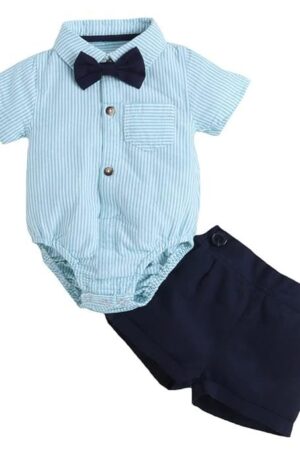 Hopscotch Boy's Cotton Blend Striped Onesie and Shorts Set