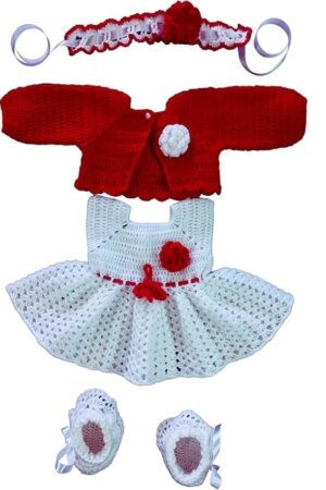 Baby Girl Dress Set for 6-12 Months - Woolen Frock with Shrug Headband and Shoes Combo, White Red, Handmade with Crochet