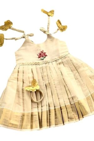 Picksparrow Newborn Baby Girl Ethnic Dress/Traditional Frock with Head Band (Kerala Kasavu, Hand- Embroidered)