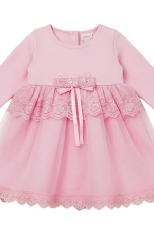 TBM Girls Cotton Frock Dress | Baby Pink Plain Outfit with Lace and Bow | Long Sleeve Baby Girl Dress