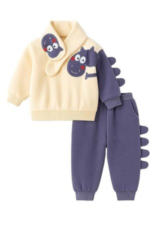 Bold N Elegant Kids Fleece Lined Winter Sweatshirt, Joggers & Muffler Set | Warm Dino & Panda Print Co-Ord Set for Boys & Girls Upto 6 Years