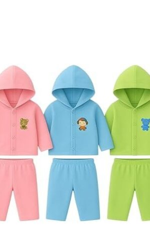 Newborn Unisex Cotton Dress Hoodie Cap with Pants| 0-3 Months Winter Outfit for Infant| Multicolour 5 Combo Pack Boy & Girl Baby Dress