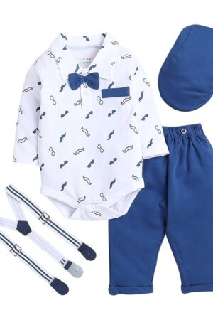 BUMZEE Boy's Cotton Printed Full Sleeves Bodysuit Pant Set With Suspender & Cap