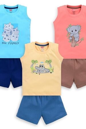 LuvLap Baby Boys Regular Fit 100% Cotton Sleeveless Boys T-Shirt & Shorts Set Pack of 3