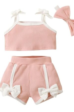 Hopscotch Girls Cotton And Polyester Solid T-shirt and Shorts with Headband in Pink Color
