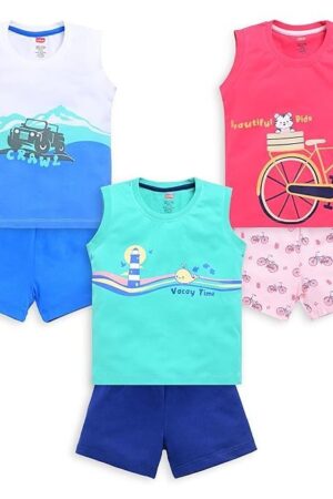 LuvLap Baby Boys Regular Fit 100% Cotton Sleeveless Boys T-Shirt & Shorts Sets Pack of 3