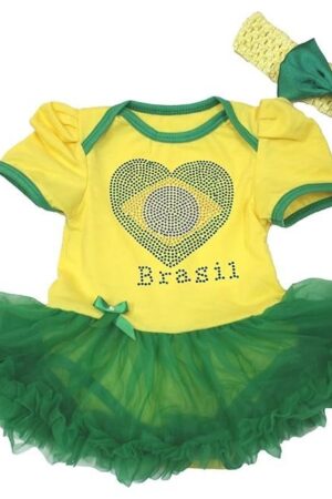 Petitebella Brazil Heart Yellow Bodysuit Green Tutu Baby Dress Nb-18m