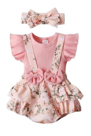 Newborn Baby Girl Clothes Infant Romper Floral Suspender Dress Ruffle Sleeve Onesie Outfit Jumpsuit Headband Spring Summer