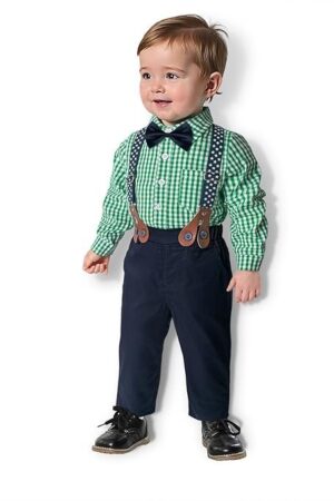 Baby Boy Clothes Outfits Set Spring Newborn Gentleman Suit Suspender Trousers+Top+Bow Tie 4pcs Clothing Set(6-12 Months, Green)