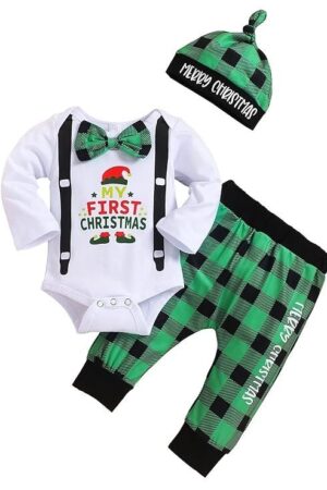 My First Christmas Baby Boy Outfits Long Sleeve Romper Striped Pants with Hat Christmas Infant Clothes Sets