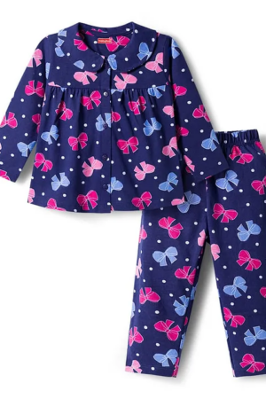 Babyhug Cotton Knit Full Sleeves Co-ords Night Suit With Bow Print - Navy Blue