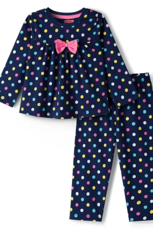 Babyhug Cotton Knit Full Sleeves Co-ord Night Suit With Polka Dot Print & Bow Applique - Navy Blue