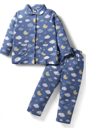 Teddy Sinker Knit Full Sleeves Co-ords Night Suit With Cloud Print - Blue