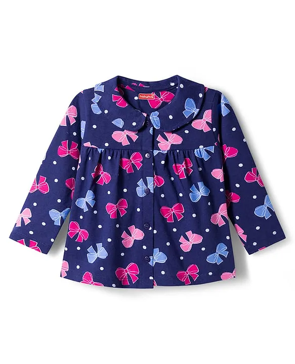 Babyhug Cotton Knit Full Sleeves Co-ords Night Suit With Bow Print - Navy Blue - Image 2