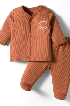Simply Interlock Knit Full Sleeves Footed Night Suit With Smiley Print - Bronze