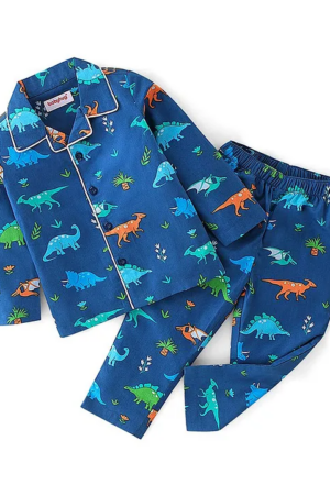 Babyhug Cotton Woven Full Sleeves Night Suit With Dino Print - Blue