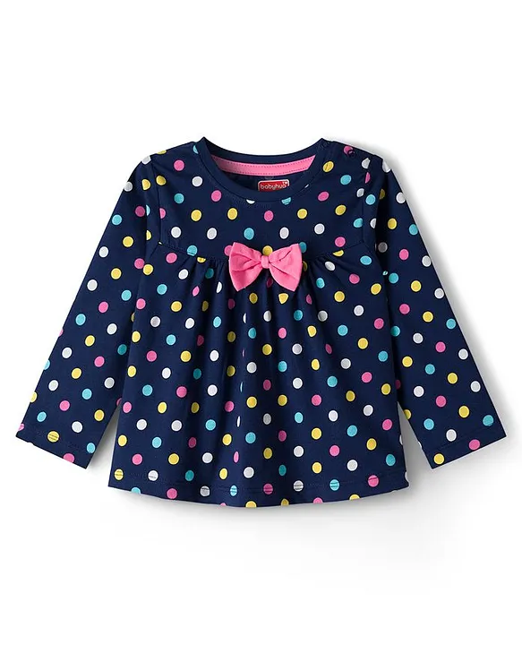 Babyhug Cotton Knit Full Sleeves Co-ord Night Suit With Polka Dot Print & Bow Applique - Navy Blue - Image 2