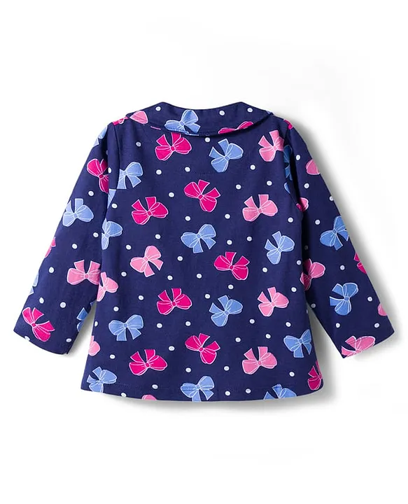 Babyhug Cotton Knit Full Sleeves Co-ords Night Suit With Bow Print - Navy Blue - Image 3