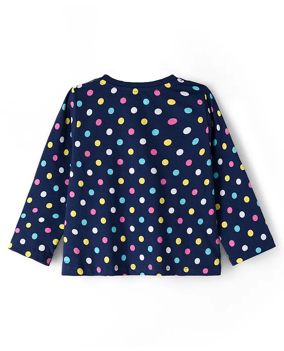 Babyhug Cotton Knit Full Sleeves Co-ord Night Suit With Polka Dot Print & Bow Applique - Navy Blue - Image 3