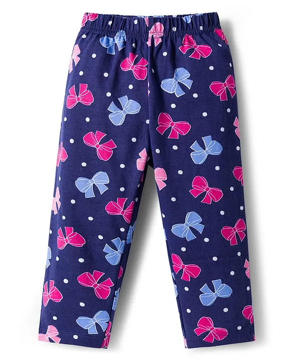 Babyhug Cotton Knit Full Sleeves Co-ords Night Suit With Bow Print - Navy Blue - Image 4
