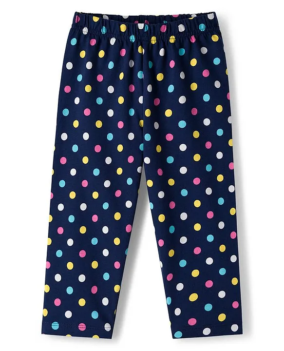 Babyhug Cotton Knit Full Sleeves Co-ord Night Suit With Polka Dot Print & Bow Applique - Navy Blue - Image 4