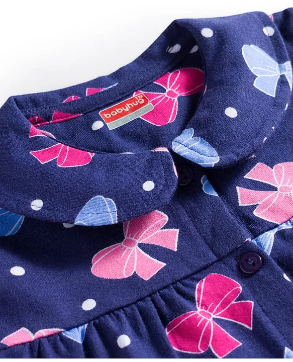 Babyhug Cotton Knit Full Sleeves Co-ords Night Suit With Bow Print - Navy Blue - Image 5